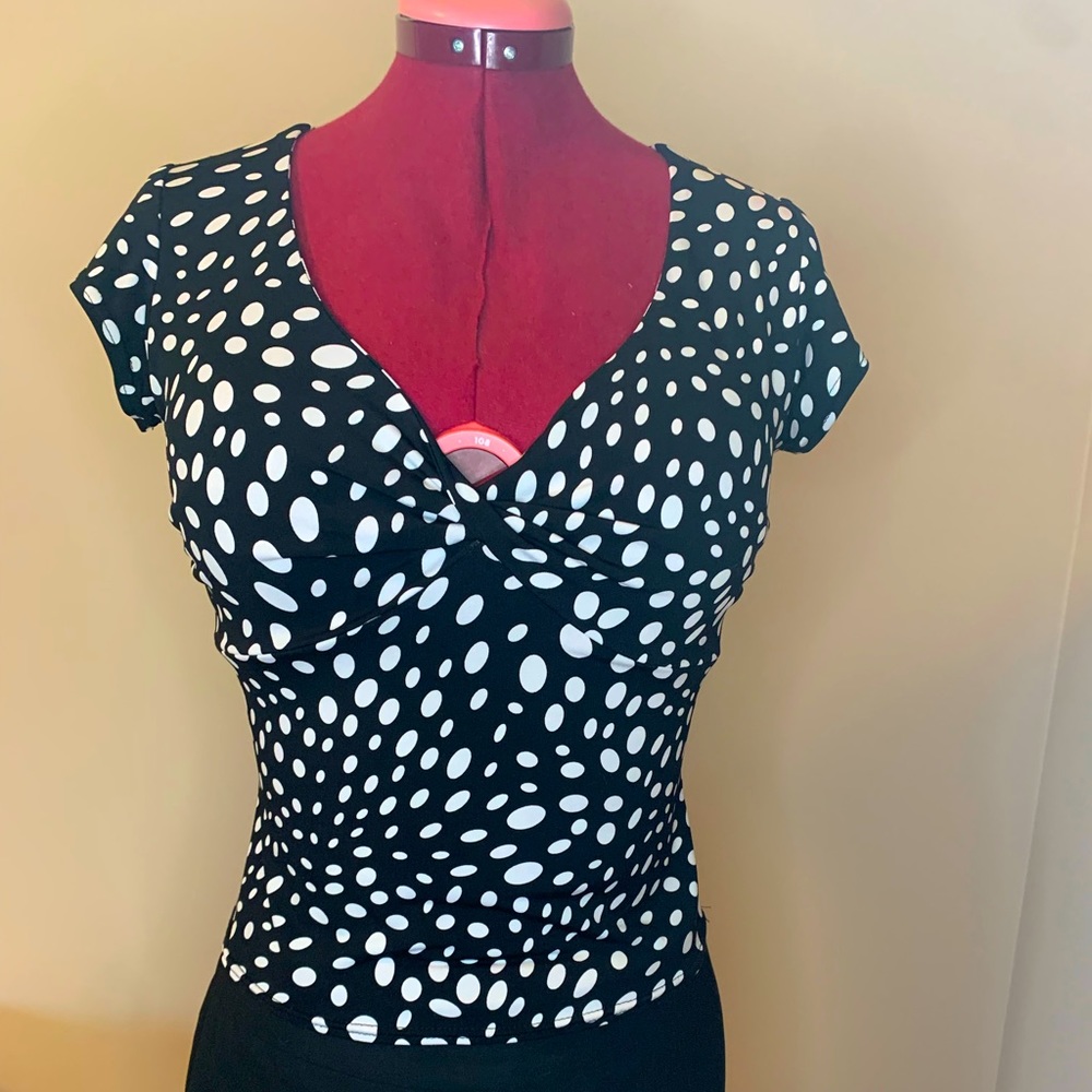 Joseph Ribkoff fitted v neck, cap sleeve  top, cross-over fabric in front